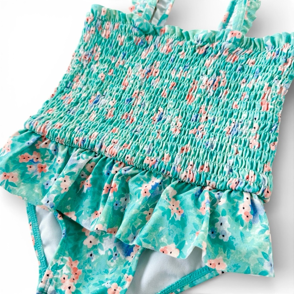 Janie and Jack Ditsy Floral Smocked One Piece Swimsuit Baby Girls 12-18 mos Blue - Picture 3 of 11